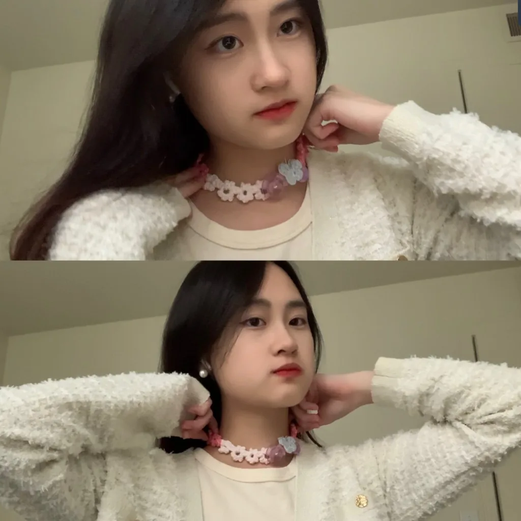 The crochet choker worn in two portraits.