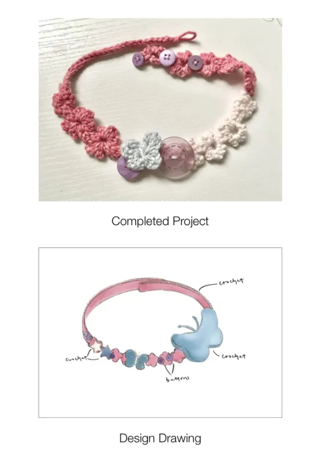 Completed crochet choker and design drawing.