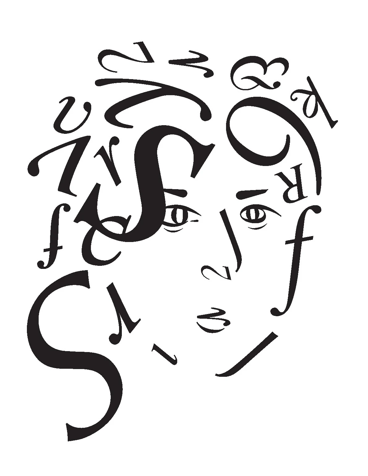 A face composed from letterforms.