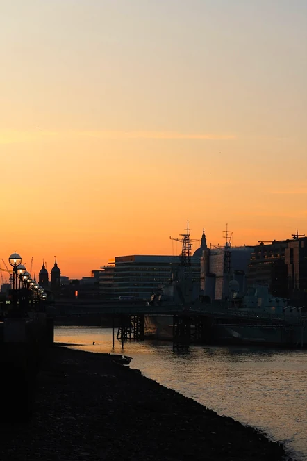 A riverbank at sunset with a ship and city skyline.