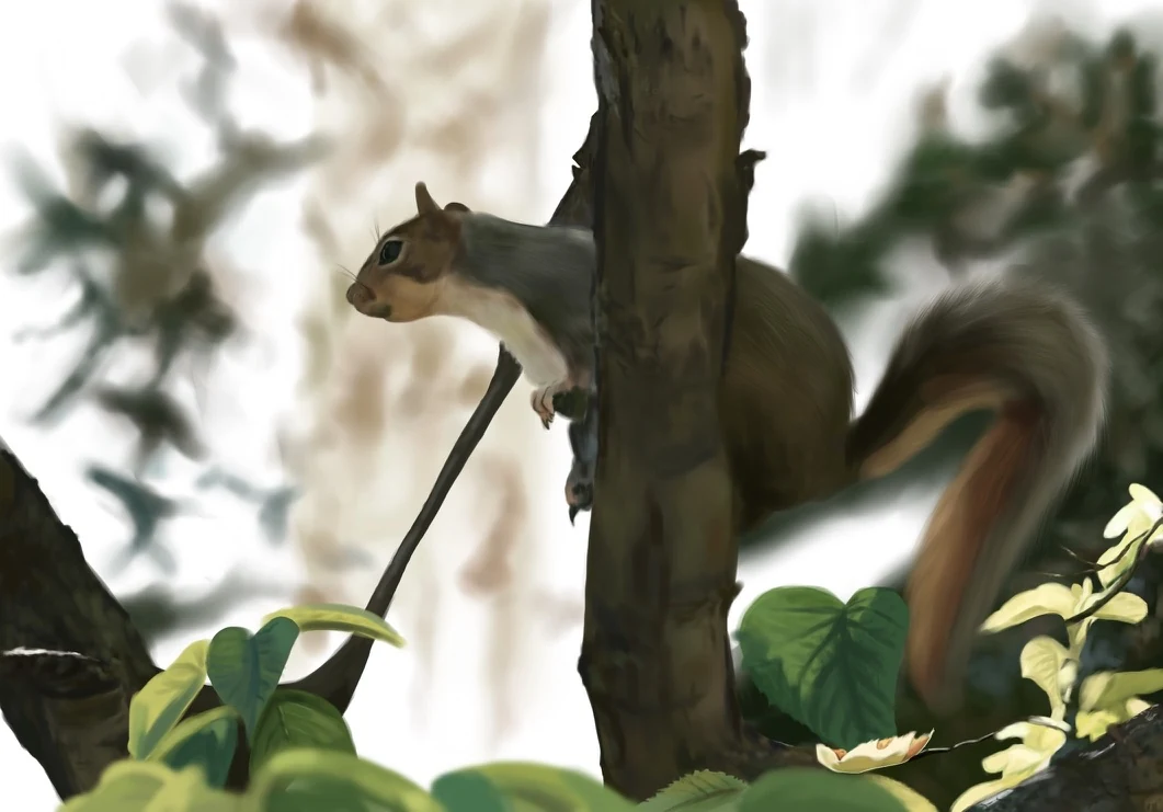 A squirrel among trees, painted in soft greens.