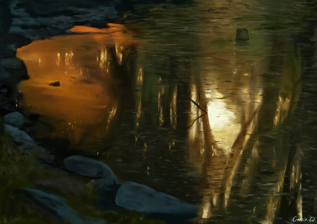 A warmly lit cabin reflected in dark water.