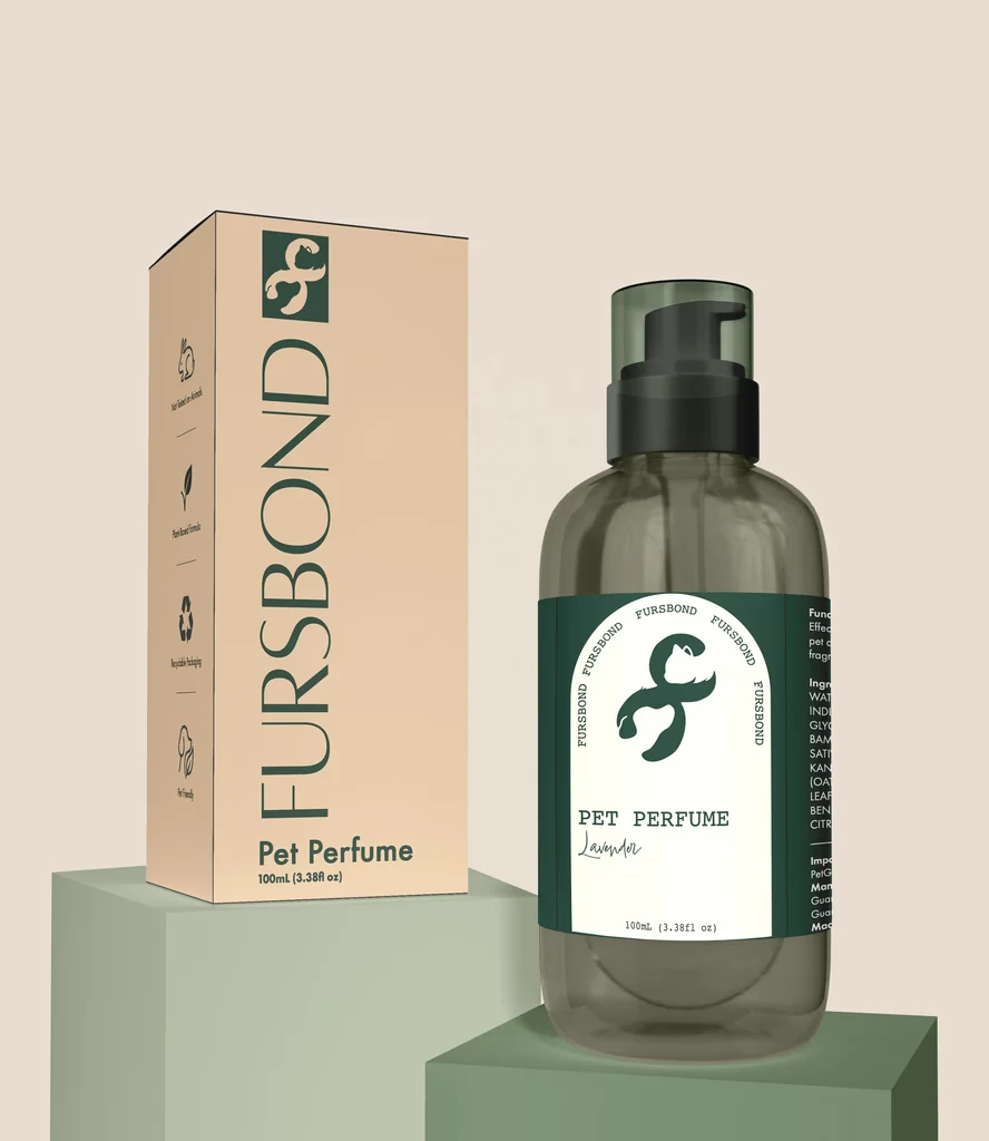Fursbond pet perfume logo on box and bottle packaging.